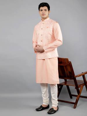 Festival Kurta Sets With Nehru Jacket - Peach 1
