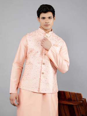 Festival Kurta Sets With Nehru Jacket - Peach 2
