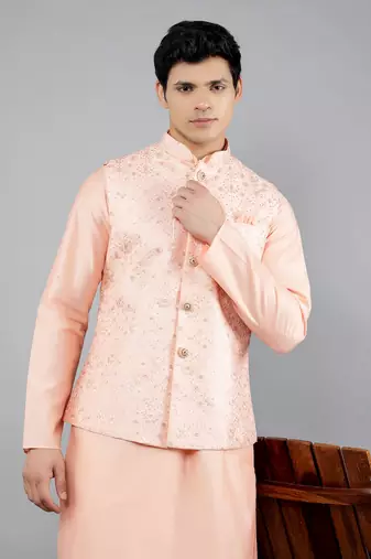 Festival Kurta Sets With Nehru Jacket - Peach