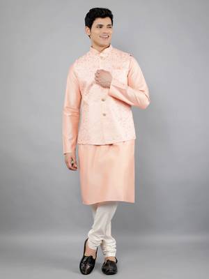 Festival Kurta Sets With Nehru Jacket - Peach 3