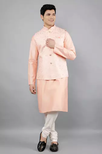 Festival Kurta Sets With Nehru Jacket - Peach