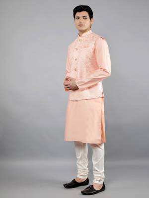 Festival Kurta Sets With Nehru Jacket - Peach 4