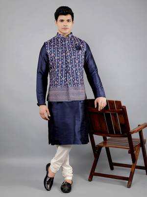 Festival Kurta Sets With Nehru Jacket - Navy Blue 1