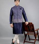 Festival Kurta Sets With Nehru Jacket - Navy Blue
