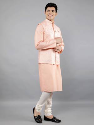 Festival Kurta Sets With Nehru Jacket - Peach 5