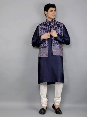 Festival Kurta Sets With Nehru Jacket - Navy Blue 2