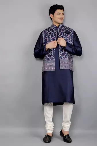 Festival Kurta Sets With Nehru Jacket - Navy Blue