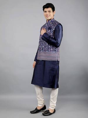 Festival Kurta Sets With Nehru Jacket - Navy Blue 3