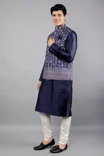 Festival Kurta Sets With Nehru Jacket - Navy Blue