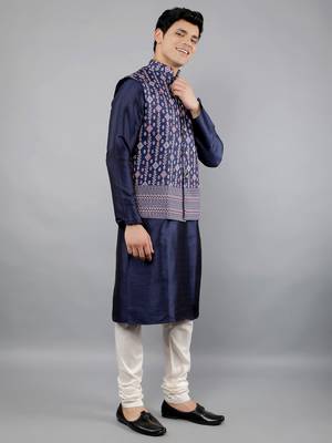 Festival Kurta Sets With Nehru Jacket - Navy Blue 4