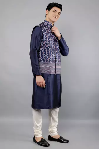 Festival Kurta Sets With Nehru Jacket - Navy Blue