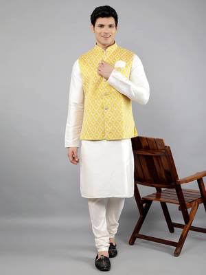 Festival Kurta Sets With Nehru Jacket - Cream 1