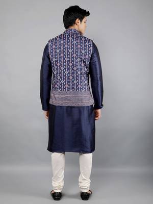Festival Kurta Sets With Nehru Jacket - Navy Blue 5