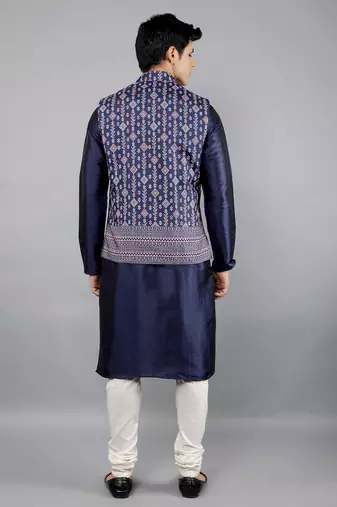 Festival Kurta Sets With Nehru Jacket - Navy Blue