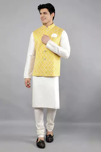Festival Kurta Sets With Nehru Jacket - Cream