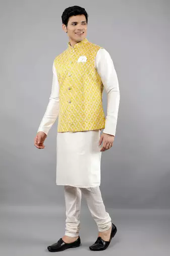 Festival Kurta Sets With Nehru Jacket - Cream