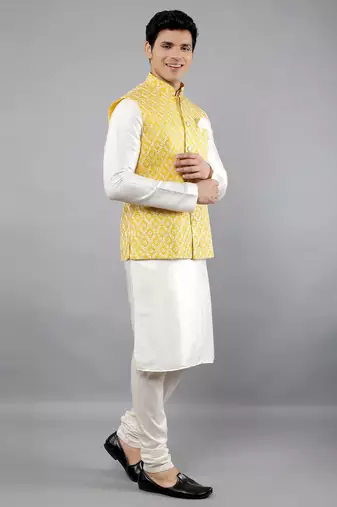 Festival Kurta Sets With Nehru Jacket - Cream