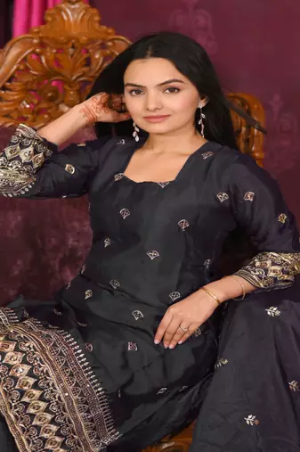BLACK CHINON  PARTY WEAR  EMBROIDERY SALWAR SUIT