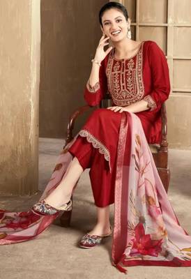 Maroon color spun rayon slub fabric heavy embroidery kurta set with digital printed dupatta 1