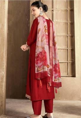 Maroon color spun rayon slub fabric heavy embroidery kurta set with digital printed dupatta 3