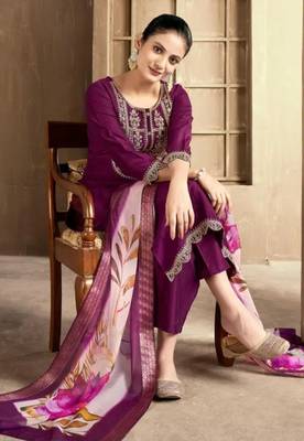 Wine color spun rayon slub fabric heavy embroidery kurta set with digital printed dupatta 1
