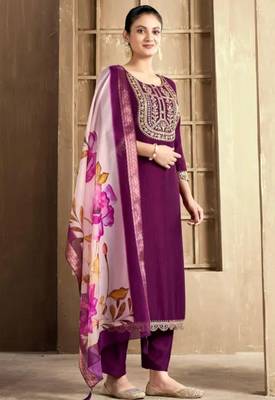 Wine color spun rayon slub fabric heavy embroidery kurta set with digital printed dupatta 2