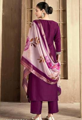 Wine color spun rayon slub fabric heavy embroidery kurta set with digital printed dupatta 3