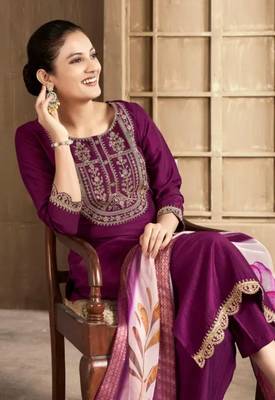 Wine color spun rayon slub fabric heavy embroidery kurta set with digital printed dupatta 5