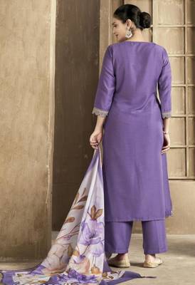 Lavender color spun rayon slub fabric heavy embroidery kurta set with digital printed dupatta 3