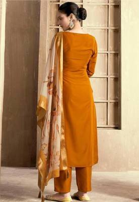 Mustured color spun rayon slub fabric heavy embroidery kurta set with digital printed dupatta 3