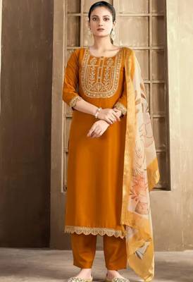Mustured color spun rayon slub fabric heavy embroidery kurta set with digital printed dupatta 4