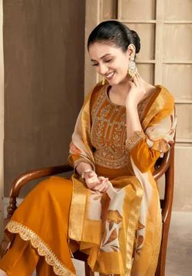 Mustured color spun rayon slub fabric heavy embroidery kurta set with digital printed dupatta 5