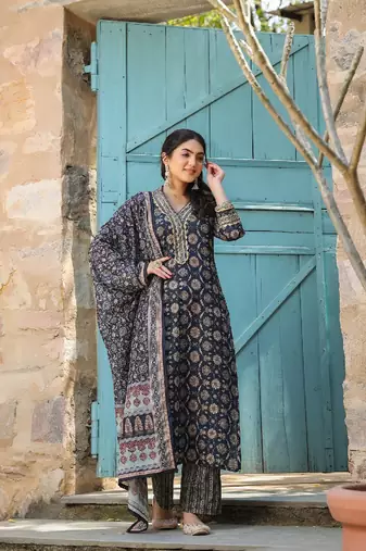 Cobalt blue cotton heavy gold print dupatta suit set