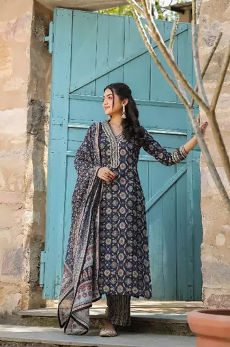 Cobalt blue cotton heavy gold print dupatta suit set