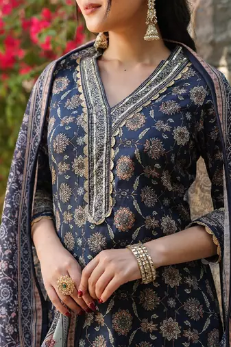 Cobalt blue cotton heavy gold print dupatta suit set