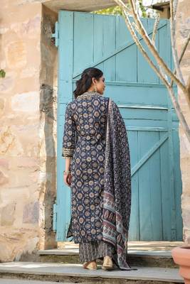 Cobalt blue cotton heavy gold print dupatta suit set 5