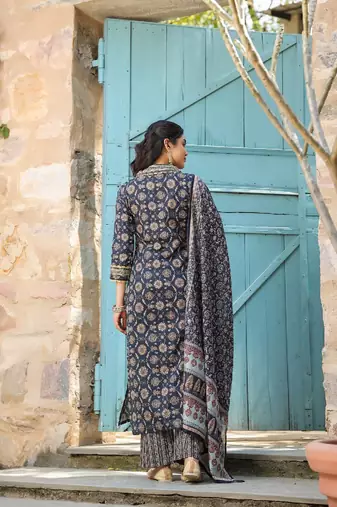 Cobalt blue cotton heavy gold print dupatta suit set