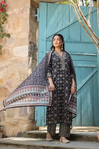 Cobalt blue cotton heavy gold print dupatta suit set