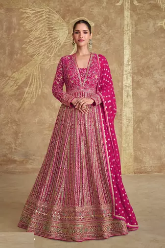 Pink georgette heavy embroidery semi stitched sequins work wedding gowns