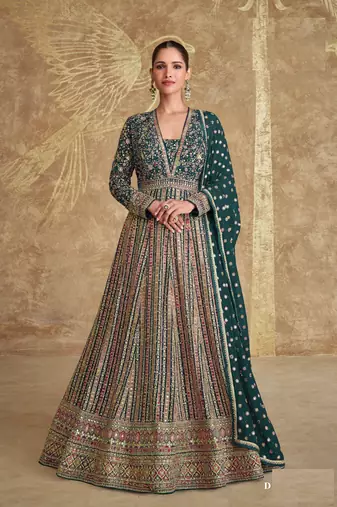 Green georgette heavy embroidery semi stitched sequins work wedding gowns