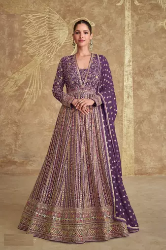 Purple georgette heavy embroidery semi stitched sequins work wedding gowns