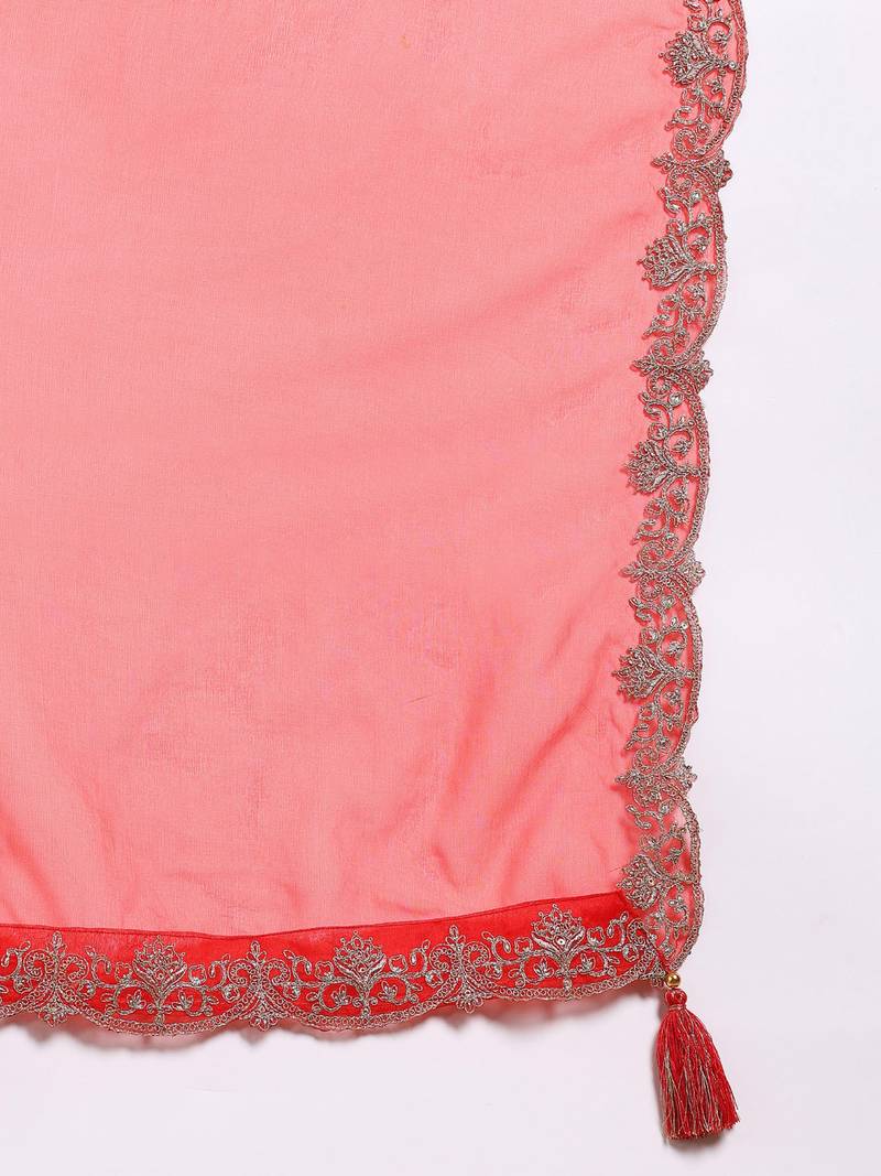 Women red silk blend embroidered straight kurta palazzo with dupatta
