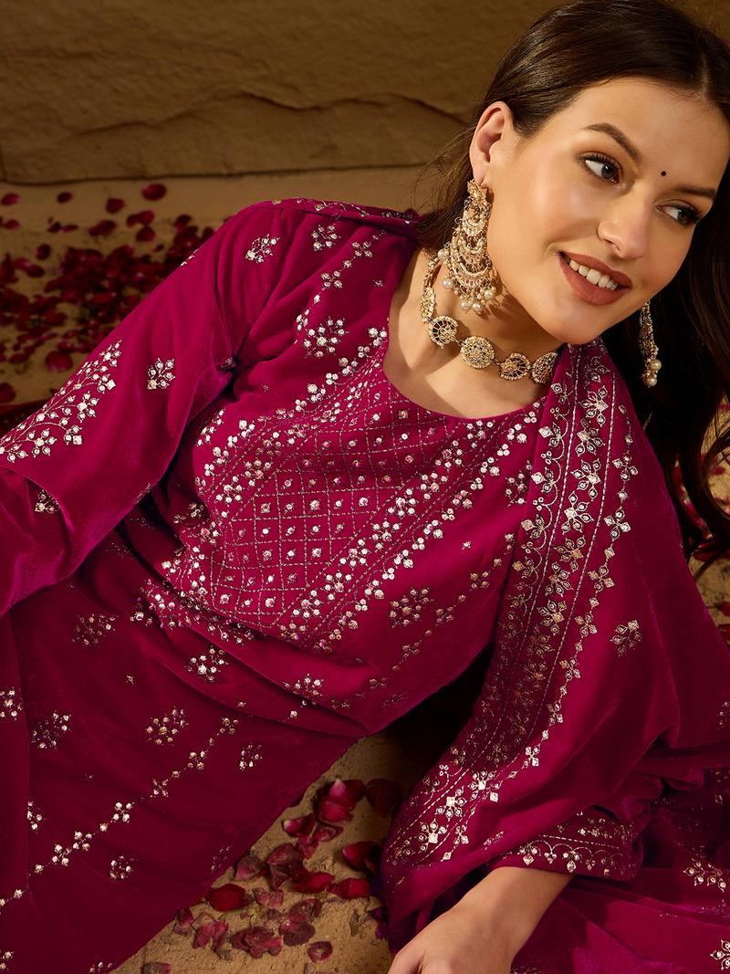 Women pink velvet ethnic motifs printed straight kurta trousers with dupatta