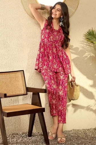women red rayon blend ikat printed co-ord sets