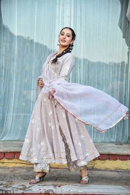 3 piece off centre open anarkali with pants and kota doria dupatta 2
