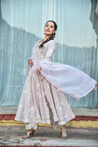3 piece off centre open anarkali with pants and kota doria dupatta