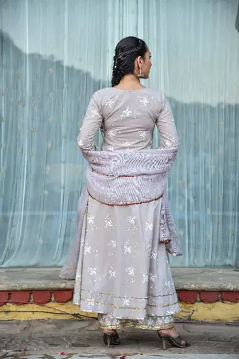 3 piece off centre open anarkali with pants and kota doria dupatta