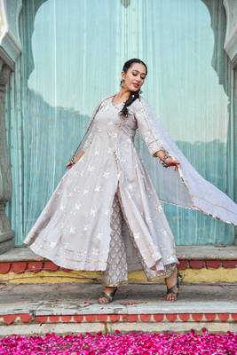 3 piece off centre open anarkali with pants and kota doria dupatta 4