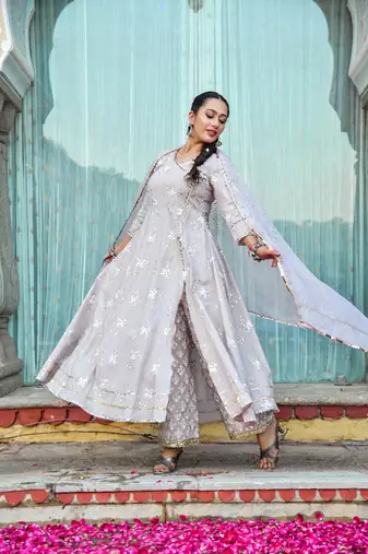 3 piece off centre open anarkali with pants and kota doria dupatta
