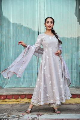 3 piece off centre open anarkali with pants and kota doria dupatta 5